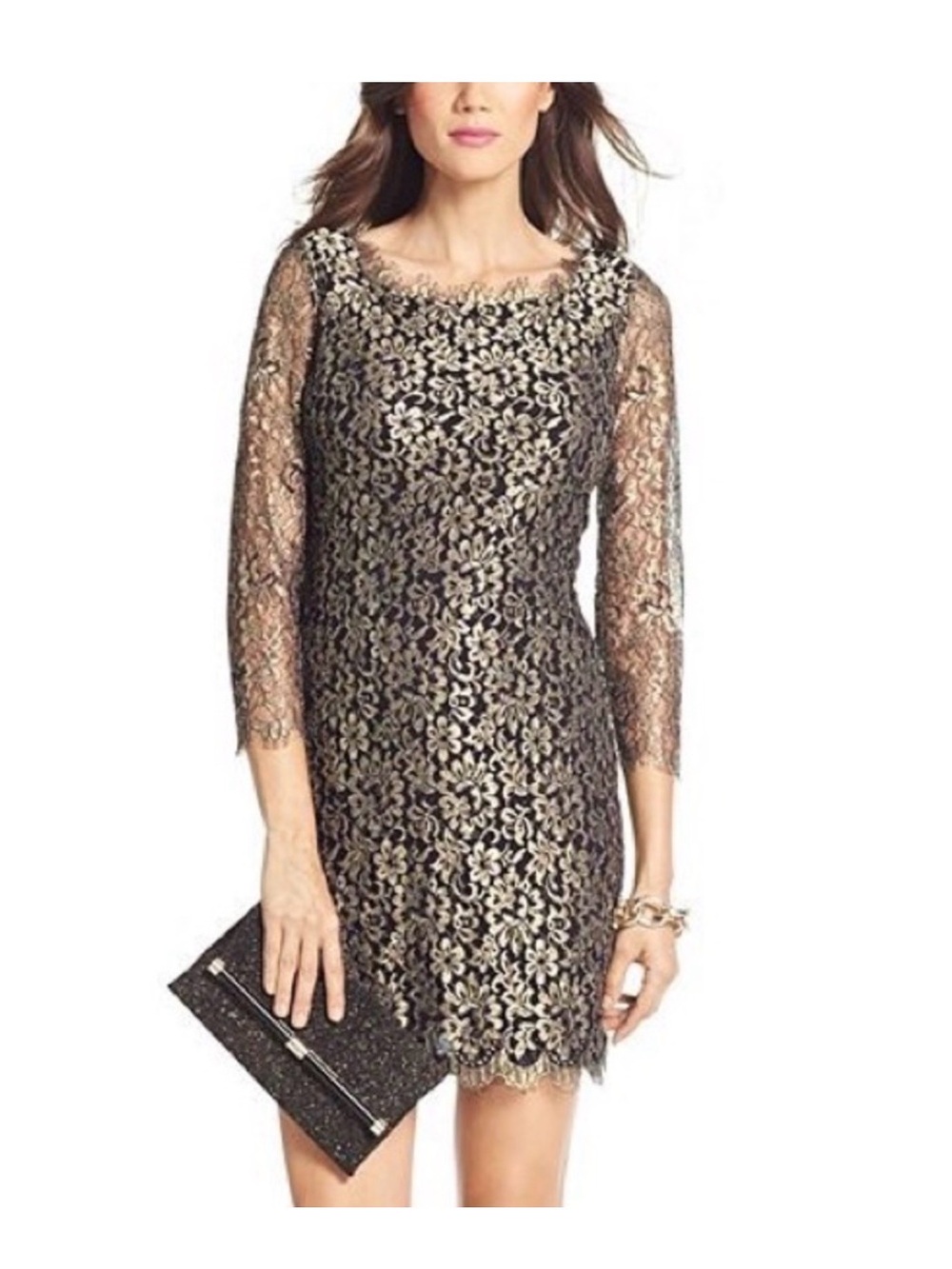NWT!! Diane Von Furstenberg Black and Gold Lace Cocktail Dress
